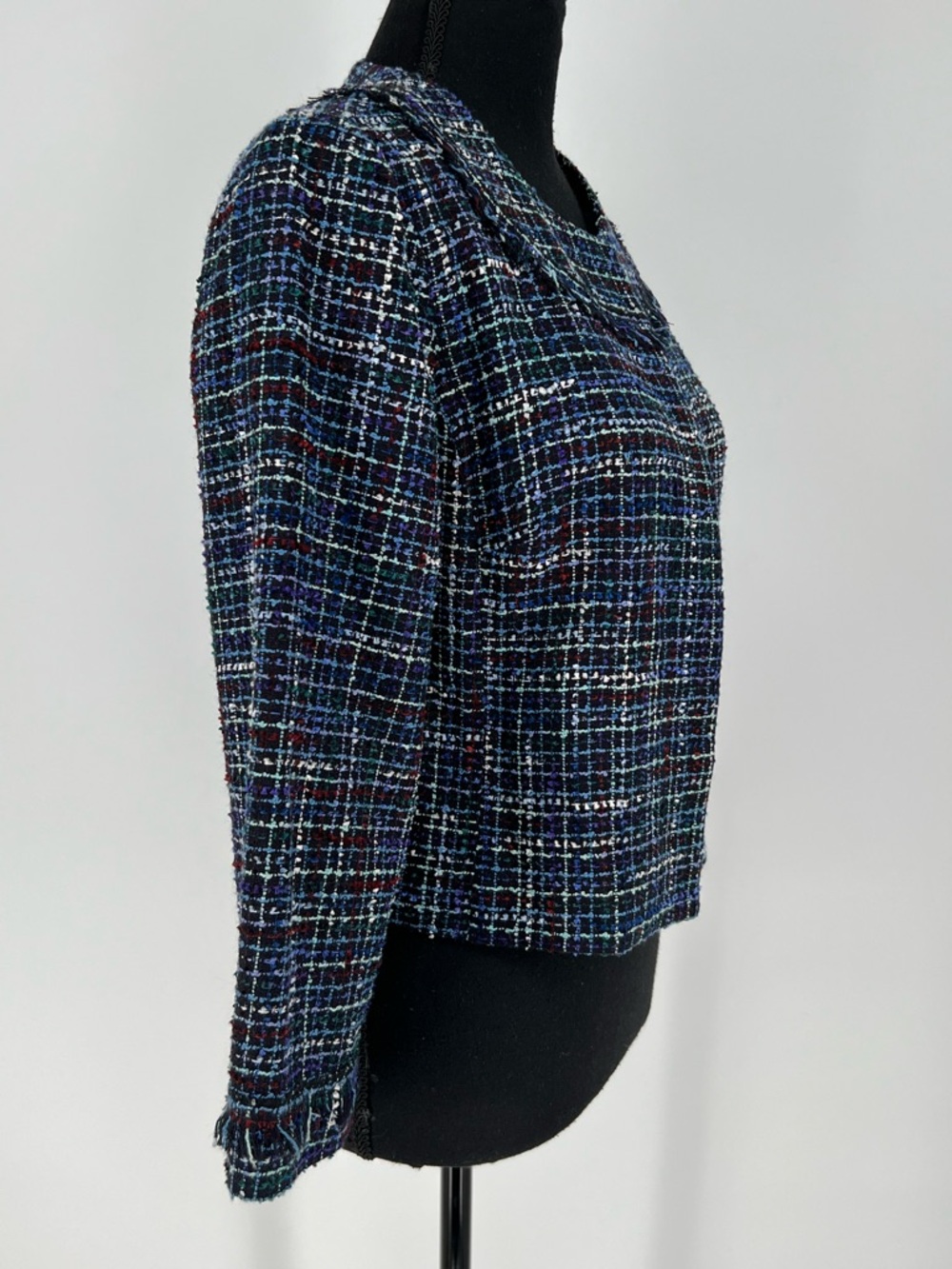 Karl Lagerfeld Paris blue tweed open-front blazer collarless W/fringe trim - Picture 3 of 10